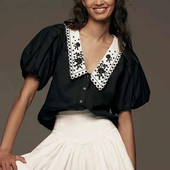 Anthropologie Black Blouse with White Embroidered Collar - Picture 1 of 5